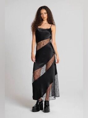 AHIRI Genevieve Black Lace Panel Maxi Slip Dress Size Large